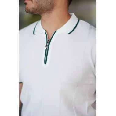 Erkek Dikey Kabartmalı Örgü Dokulu Fermuar Yakalı Tişört