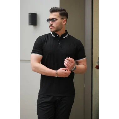 Erkek Düğme Yakalı Jakar Kumaş Kısa Kollu Tişört