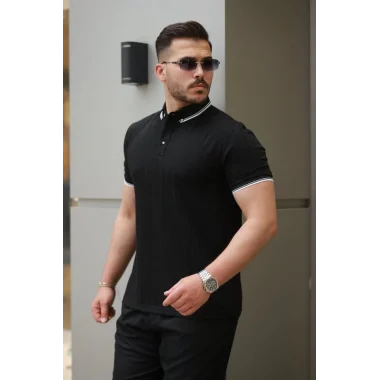 Erkek Düğme Yakalı Jakar Kumaş Kısa Kollu Tişört