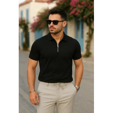 Erkek Kısa Kollu Yakalı önden Fermuarlı Viskon Iki Iplik Bluz