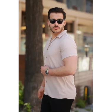 Erkek Ottoman Kumaş Apaj Yaka Kısa Kollu Gömlek