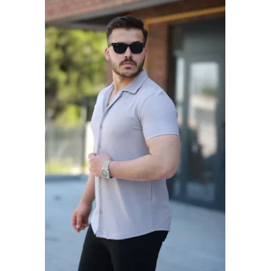 Erkek Ottoman Kumaş Apaj Yaka Kısa Kollu Gömlek