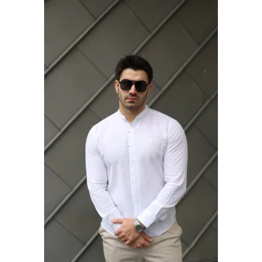 Erkek Pamuklu Keten Kumaş Hakim Yaka Gömlek