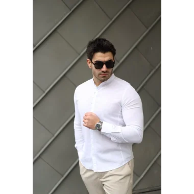 Erkek Pamuklu Keten Kumaş Hakim Yaka Gömlek