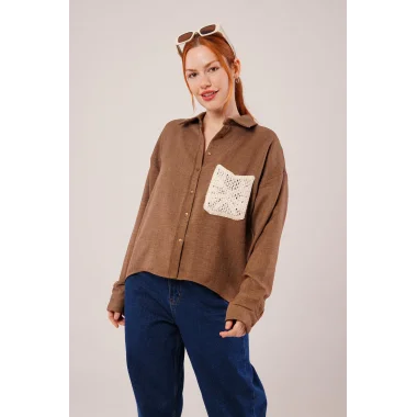 Etnik Cep Detaylı Kahverengi Gömlek