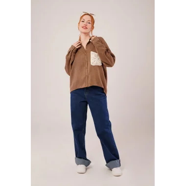 Etnik Cep Detaylı Kahverengi Gömlek