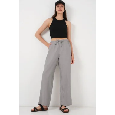 Geniş Paça Keten Pantolon 6735 - Gri