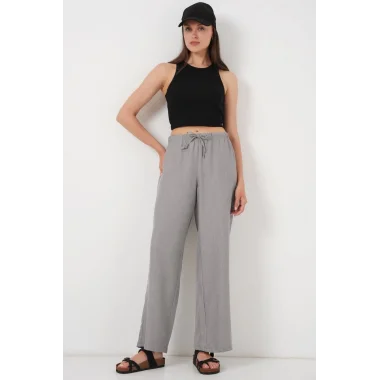 Geniş Paça Keten Pantolon 6735 - Gri
