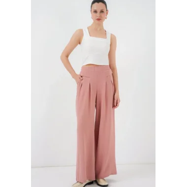 Geniş Paça Pileli Pantolon 6718 - Gül Kurusu