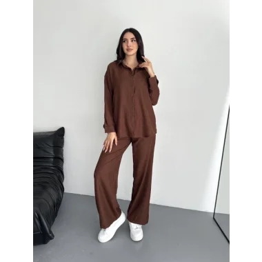 Gömlek Pantolon Ikili Takım - Kahverengi