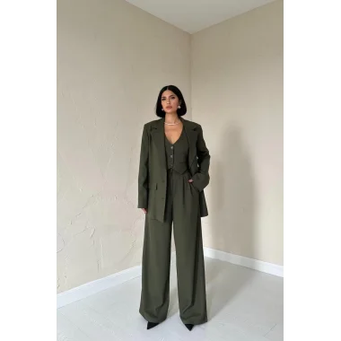 Haki Klas Ceket Ve Yelek Ve Pantolon Takım