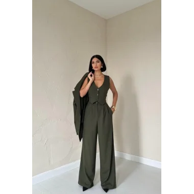 Haki Klas Ceket Ve Yelek Ve Pantolon Takım