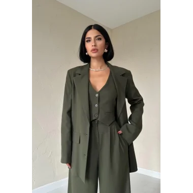 Haki Klas Ceket Ve Yelek Ve Pantolon Takım