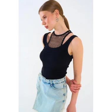 İçi Dantelli Kaşkorse Atlet - SİYAH