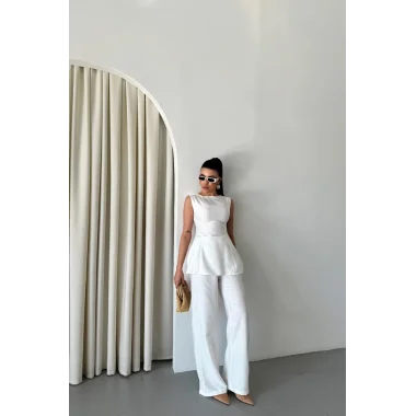 JAKAR KETEN KOLSUZ BLUZ-PANTOLON TK - Beyaz