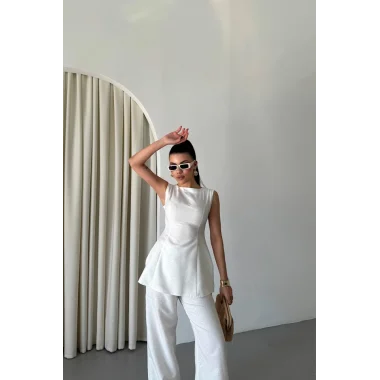 JAKAR KETEN KOLSUZ BLUZ-PANTOLON TK - Beyaz