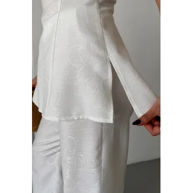 JAKAR KETEN KOLSUZ BLUZ-PANTOLON TK - Beyaz