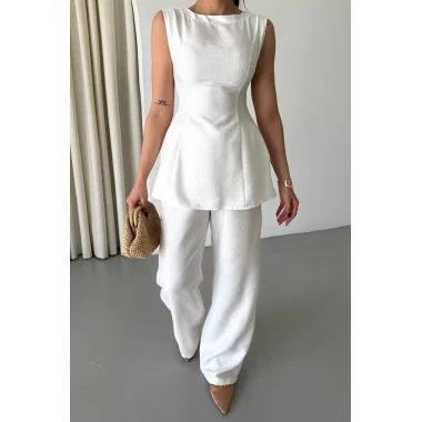 JAKAR KETEN KOLSUZ BLUZ-PANTOLON TK - Beyaz