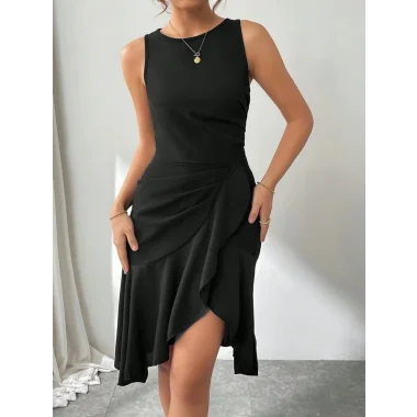 Kadın Askılı Bisiklet Yaka önden Fırfırlı Kısa Ithal Krep Elbise