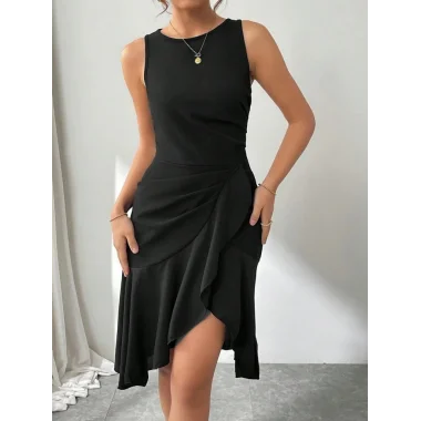 Kadın Askılı Bisiklet Yaka önden Fırfırlı Kısa Ithal Krep Elbise
