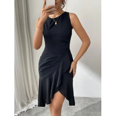 Kadın Askılı Bisiklet Yaka önden Fırfırlı Kısa Ithal Krep Elbise