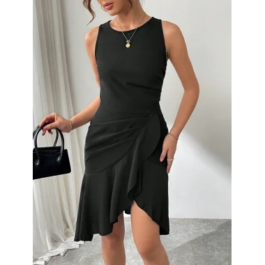 Kadın Askılı Bisiklet Yaka önden Fırfırlı Kısa Ithal Krep Elbise