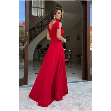 Kadın Askılı Omuzdan Bağlamalı Kruvaze Yakalı Uzun Yırtmaçlı Janjan Krep Elbise