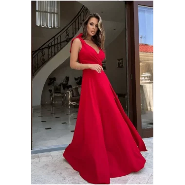 Kadın Askılı Omuzdan Bağlamalı Kruvaze Yakalı Uzun Yırtmaçlı Janjan Krep Elbise