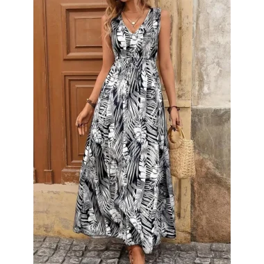 Kadın Askılı V Yakalı Belden Bağcıklı Geniş Kesim Desenli Süprem Elbise