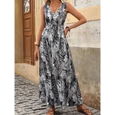 Kadın Askılı V Yakalı Belden Bağcıklı Geniş Kesim Desenli Süprem Elbise