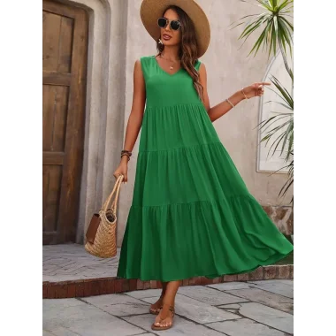 Kadın Askılı V Yakalı Fırfırlı Maksi Boy Viskon Elbise