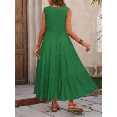 Kadın Askılı V Yakalı Fırfırlı Maksi Boy Viskon Elbise