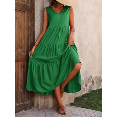 Kadın Askılı V Yakalı Fırfırlı Maksi Boy Viskon Elbise