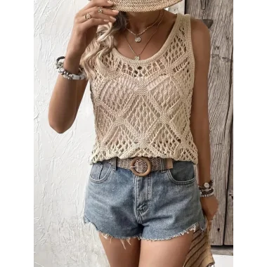 Kadın Askılı Yuvarlak Yaka Geometrik Desenli Triko Bluz