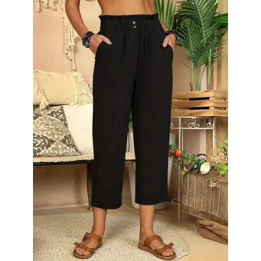 Kadın Bel Büzgü Ve Düğme Detay Kapri Keten Pantolon