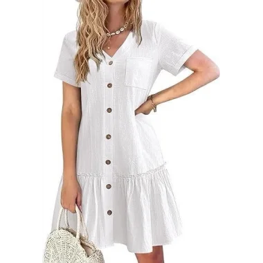 Kadın Cep Detaylı Düğmeli Viskon Keten Kumaş Elbise