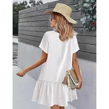 Kadın Cep Detaylı Düğmeli Viskon Keten Kumaş Elbise