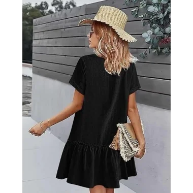 Kadın Cep Detaylı Düğmeli Viskon Keten Kumaş Elbise