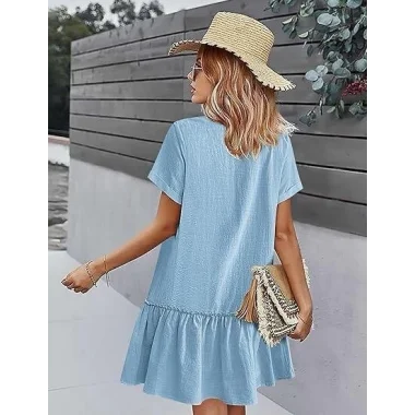 Kadın Cep Detaylı Düğmeli Viskon Keten Kumaş Elbise