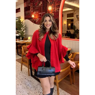 Kadın Fakir Kollu Fırfırlı Tek Düğme Yakalı önü Açık Kaşe Panço