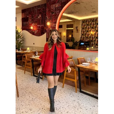 Kadın Fakir Kollu Fırfırlı Tek Düğme Yakalı önü Açık Kaşe Panço