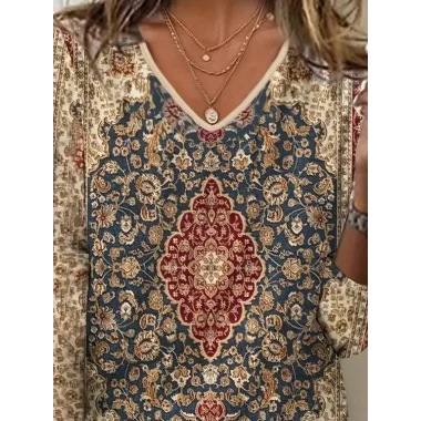 Kadın Fakir Kollu V Yakalı Etnik Desenli Süprem Bluz