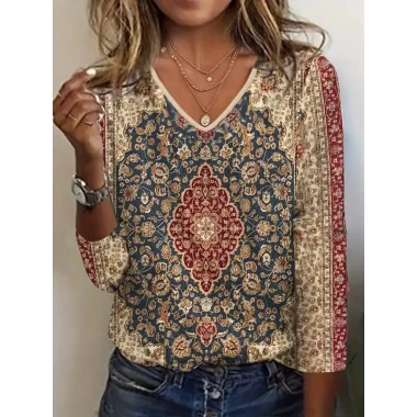 Kadın Fakir Kollu V Yakalı Etnik Desenli Süprem Bluz