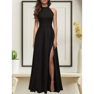 Kadın Halter Yaka Derin Yırtmaç Detaylı Tam Boy Ithal Krep Abiye Elbise