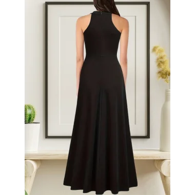 Kadın Halter Yaka Derin Yırtmaç Detaylı Tam Boy Ithal Krep Abiye Elbise