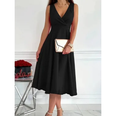 Kadın Ithal Krep Kumaş Kruvaze Yaka Eteği Kloş Kolsuz Mini Elbise