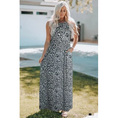 Kadın Kalın Askılı Yuvarlak Yaka Cepli Süprem Maksi Elbise