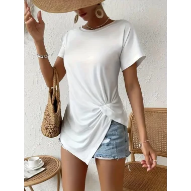 Kadın Kısa Kollu Asimetrik Kesim Bel Büzgü Düğüm Detay Viskon Bluz