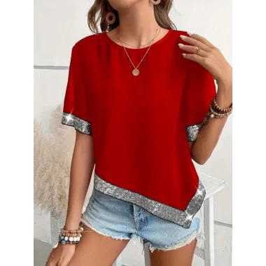 Kadın Kısa Kollu Bisiklet Yaka Asimetrik Kesim Detaylı Pul Payetli Krep Bluz