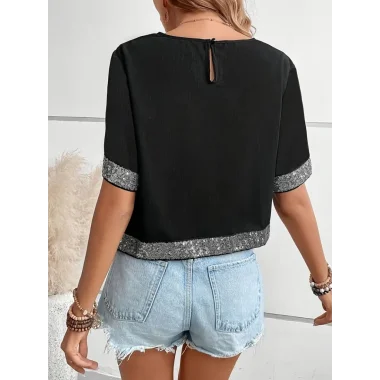 Kadın Kısa Kollu Bisiklet Yaka Asimetrik Kesim Detaylı Pul Payetli Krep Bluz